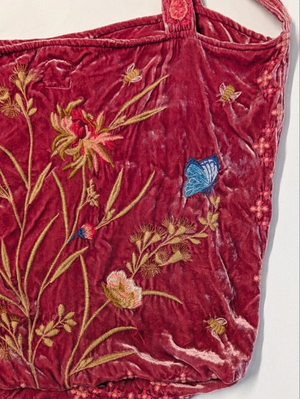 Johnny Was Aria Velvet Silk Embroidered Butterfly & Bee Floral Tote Shoulder Bag